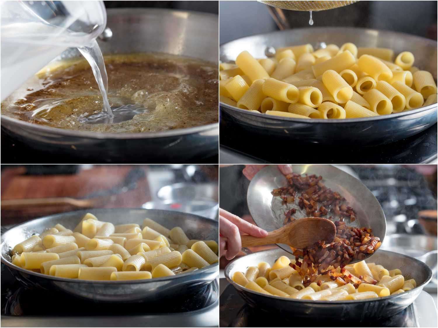 A 4-image collage showing: adding pasta water to a skillet containing black pepper bloomed in guanciale fat, followed by pasta and finally adding crisp guanciale pieces.