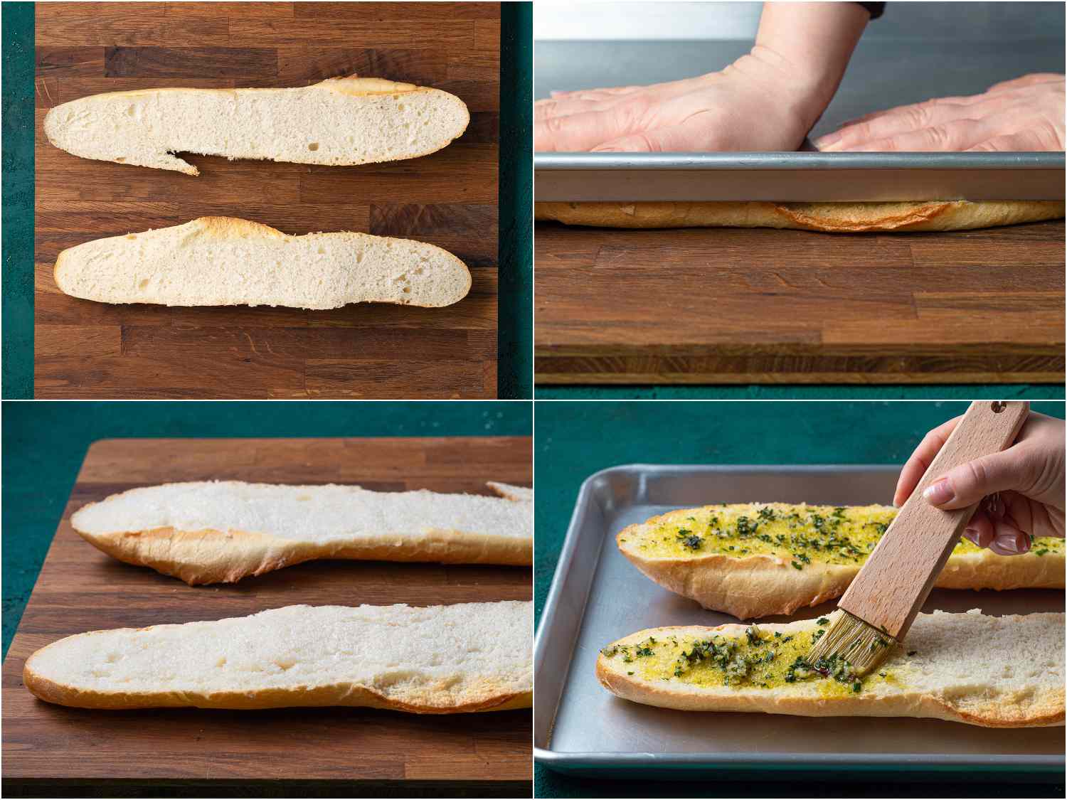 A collage showing the french bread being compressed and then spread with melted butter and herbs.