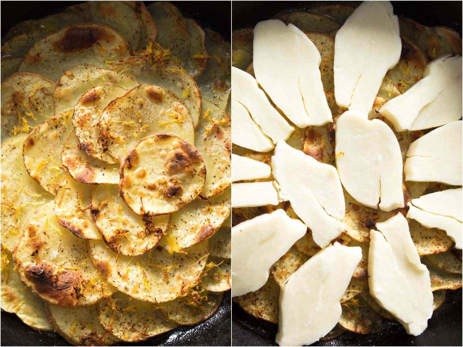 Potato gratin getting topped with halloumi cheese.