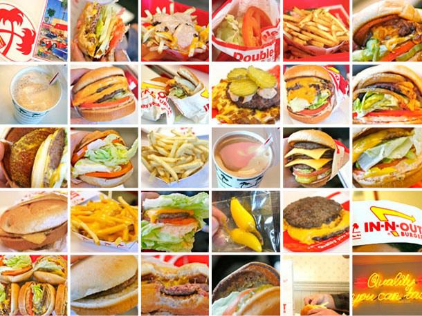 A thirty image collage with different special items from In-n-Out such as burgers, fries, and shakes 