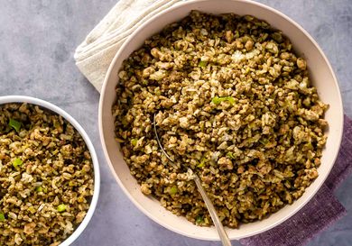 An overhead shot of a serving bowl of dirty rice