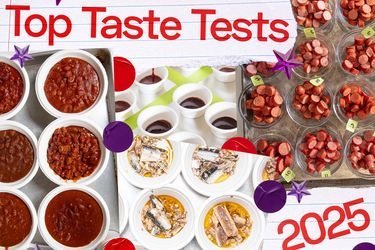 Various food samples displayed for a taste test event with text Top Taste Tests 2025 visible