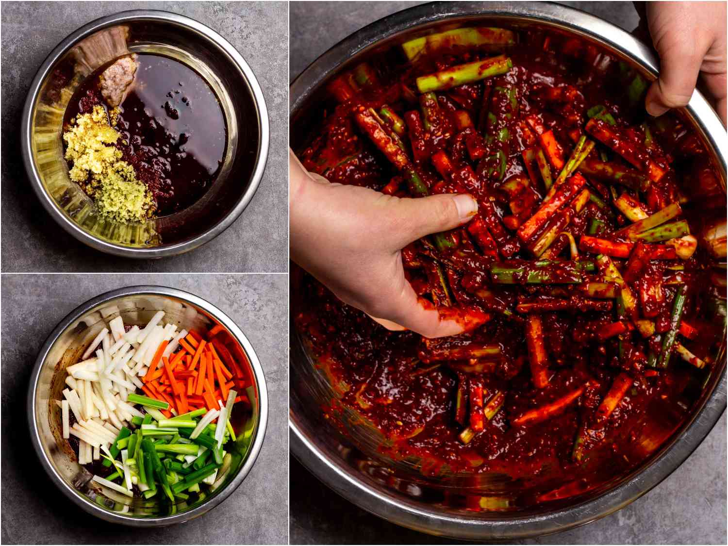 collage: aromatics added to mixture; vegetables added to mixture; hands mixing everything together to cover vegetables completely with gochugaru mixture