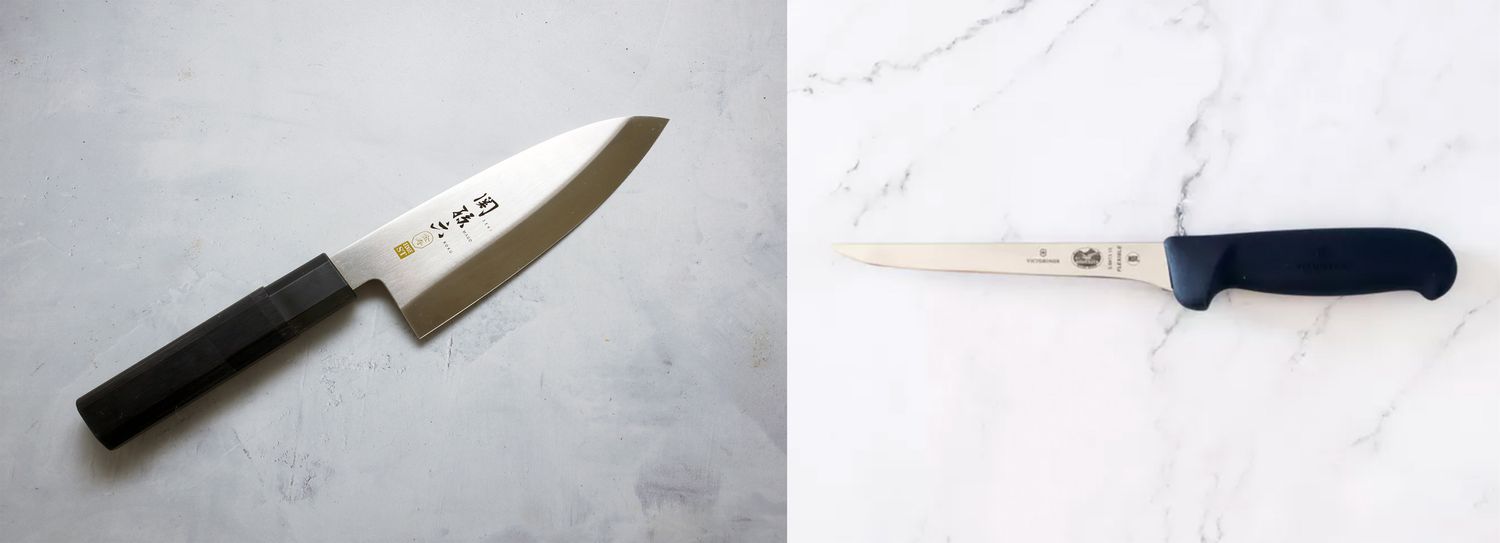 deba knife on the left with a boning knife on the right showing the different style blades