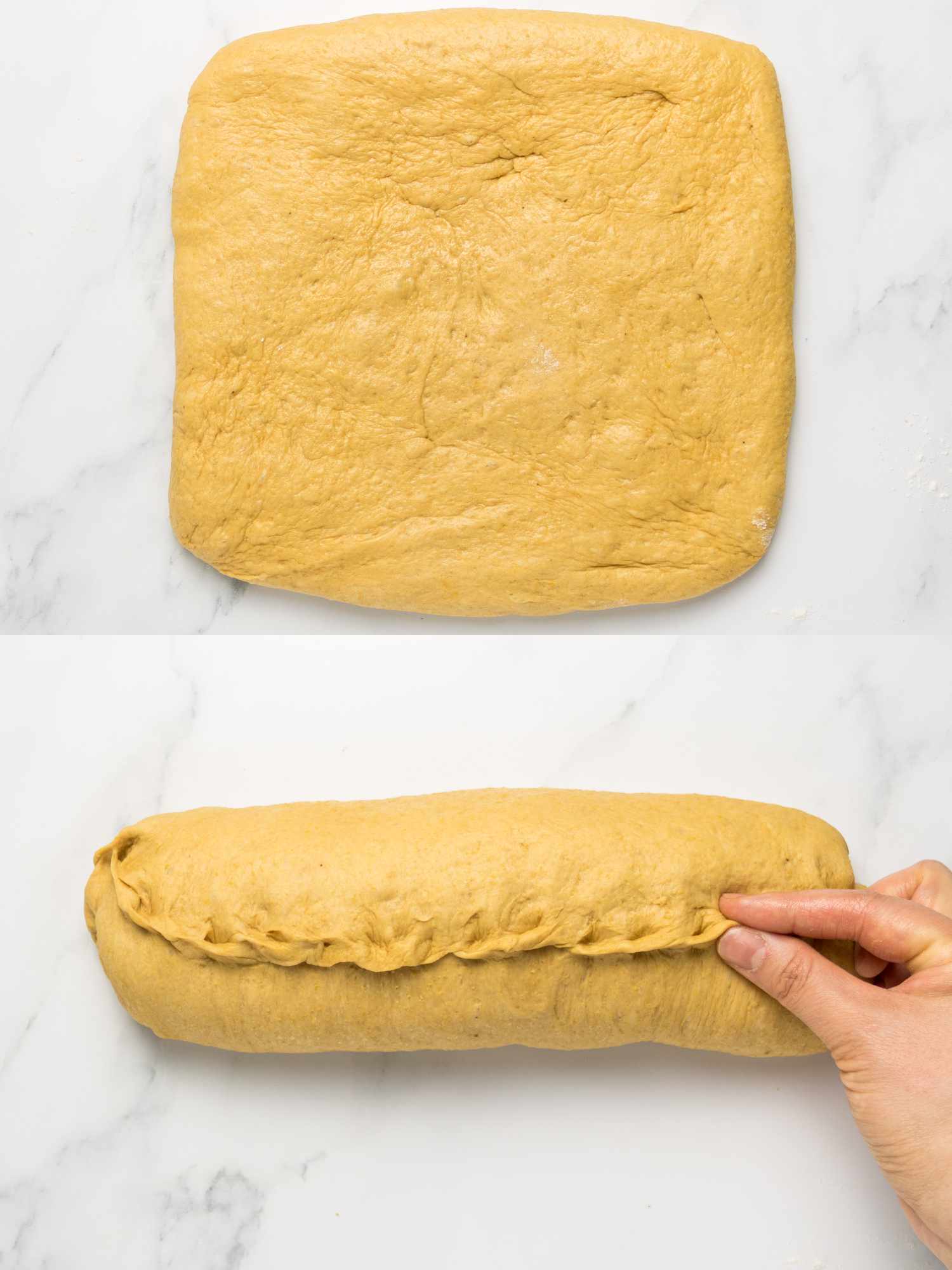 2 image collage. Top: Dough rolled out into square on prepared surface. Bottom: Dough rolled into a log and hand pinching seam together 