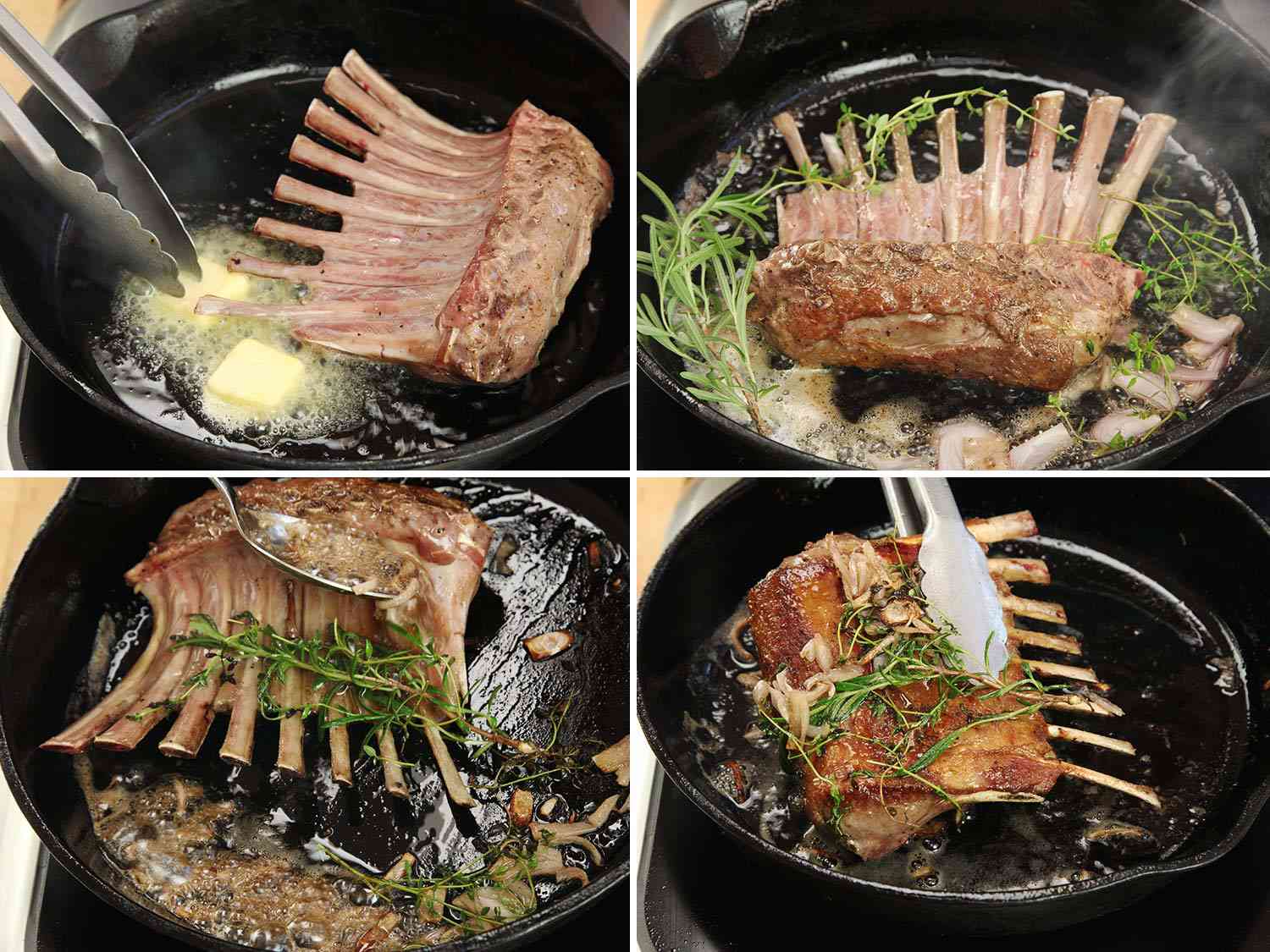 Photo collage showing the process of searing and butter-herb basting a rack of lamb in a cast iron skillet that has been cooked sous vide.