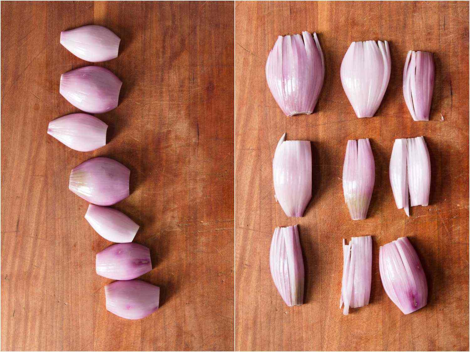 Shallot petals ready to be cut for mignonette