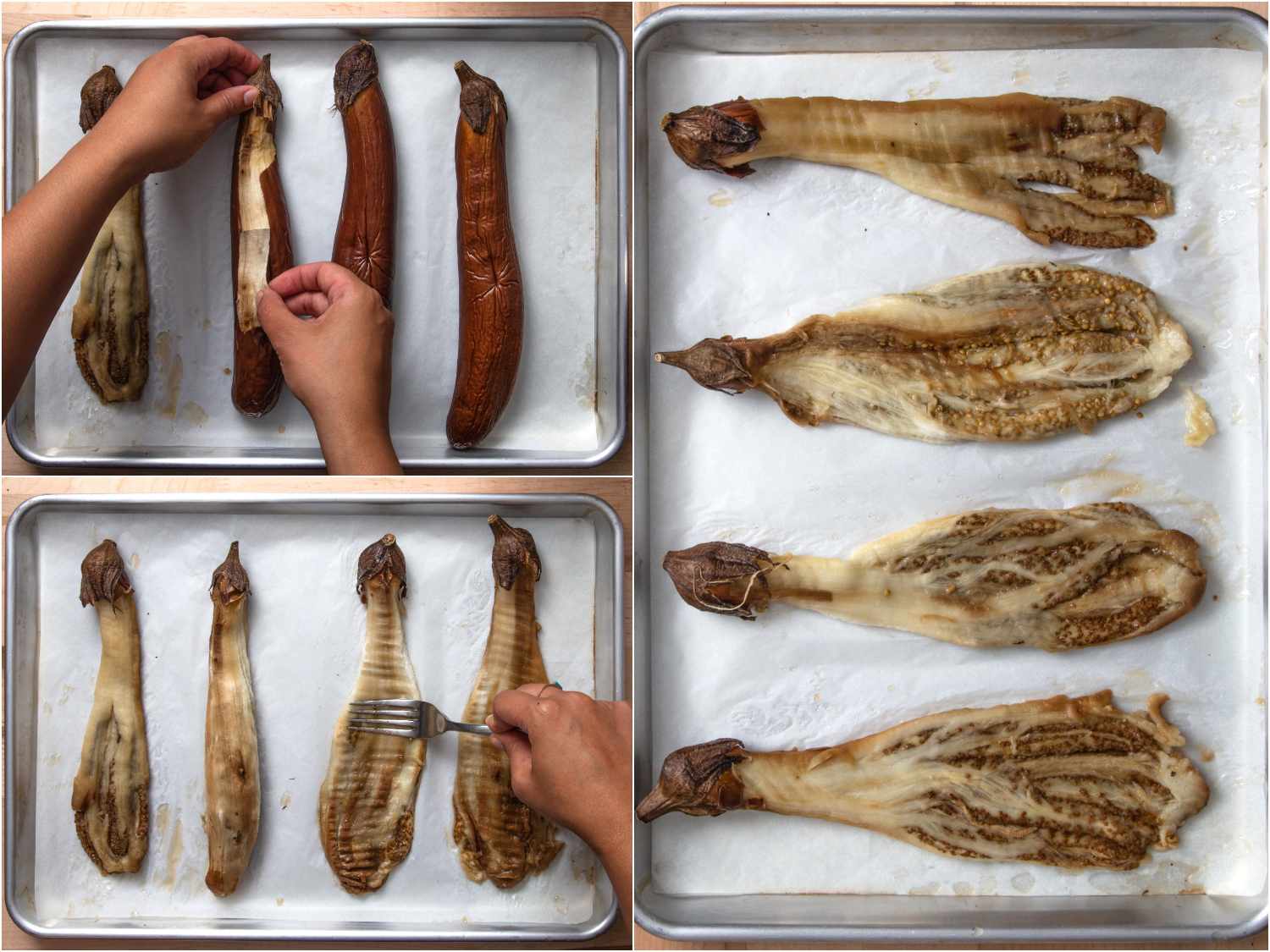 collage: peeling and flattening roasted eggplants into tear drop shapes