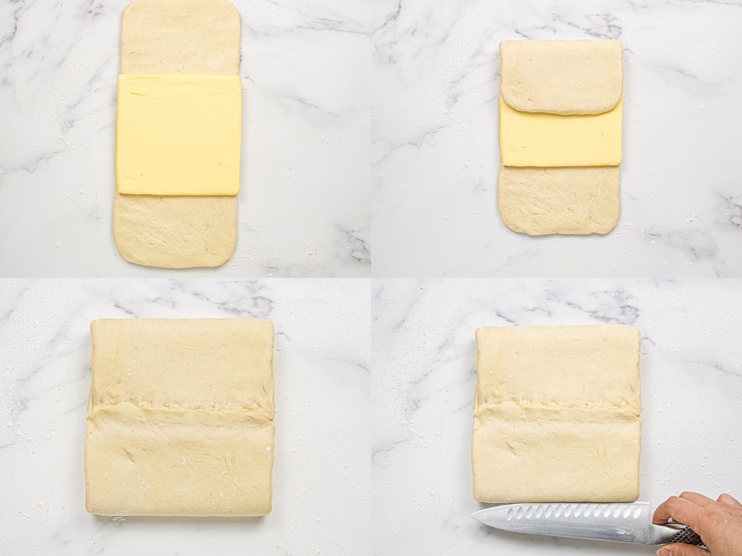 Process steps for preparing pastry dough and butter layers including folding and using a knife to cut the dough