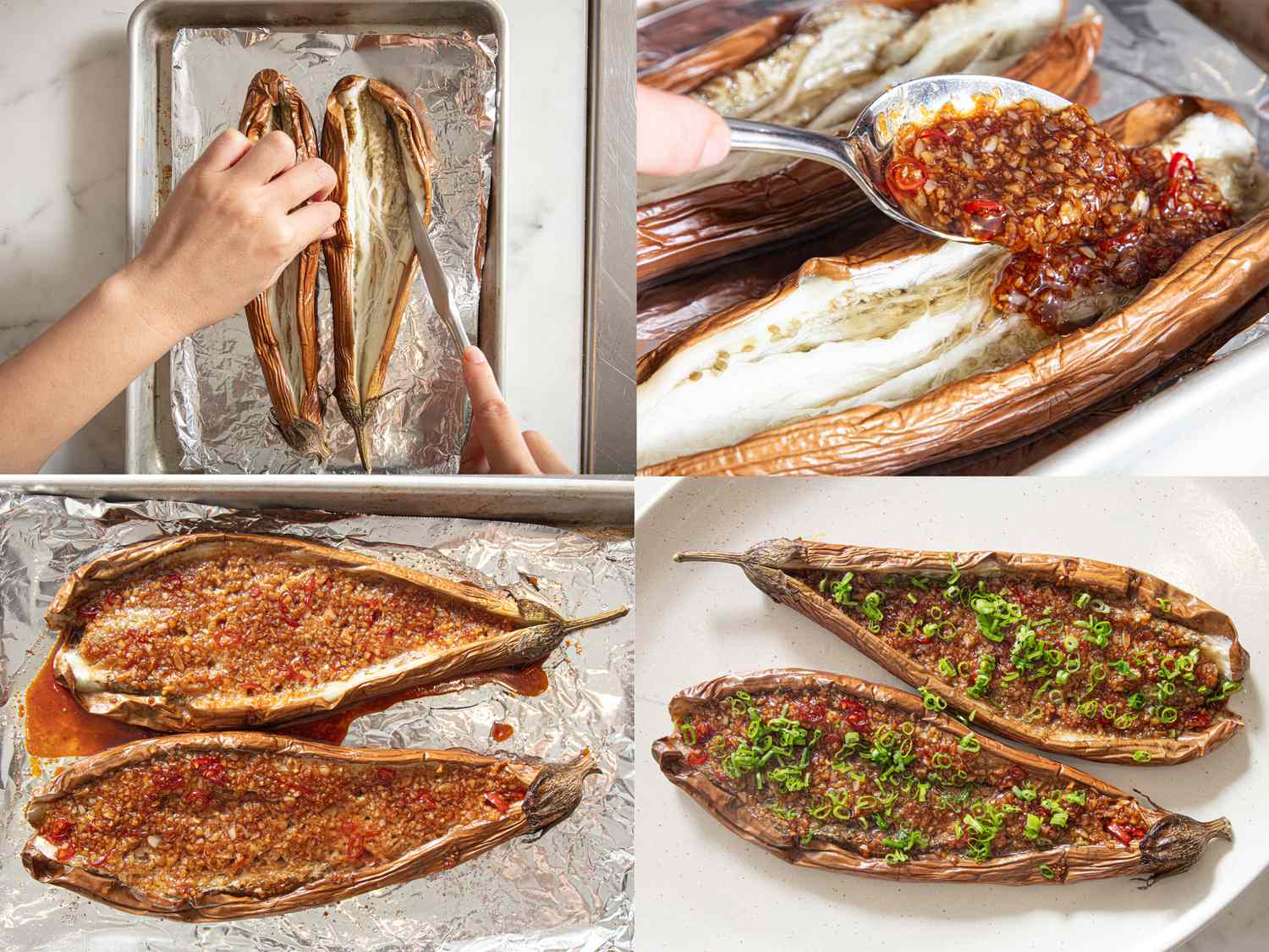Preparation steps for Chinese BBQ eggplant shown in a fourpanel arrangement culminating in a plated and garnished dish