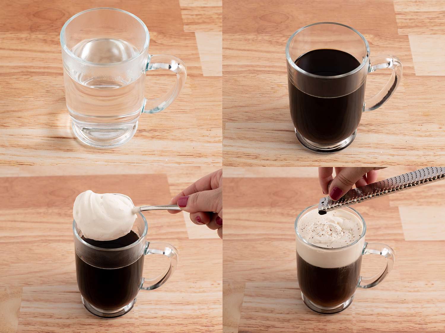 A four-image collage. The top left image shows a glass mug filled with hot water, which warms it in anticipation of the drink being added. The top right image shows the coffee and rum now added to the warmed mug. The bottom left image shows the coffee and rum being topped with the spiced whipped cream. The bottom right image shows nutmeg being grated over the top of the drink.