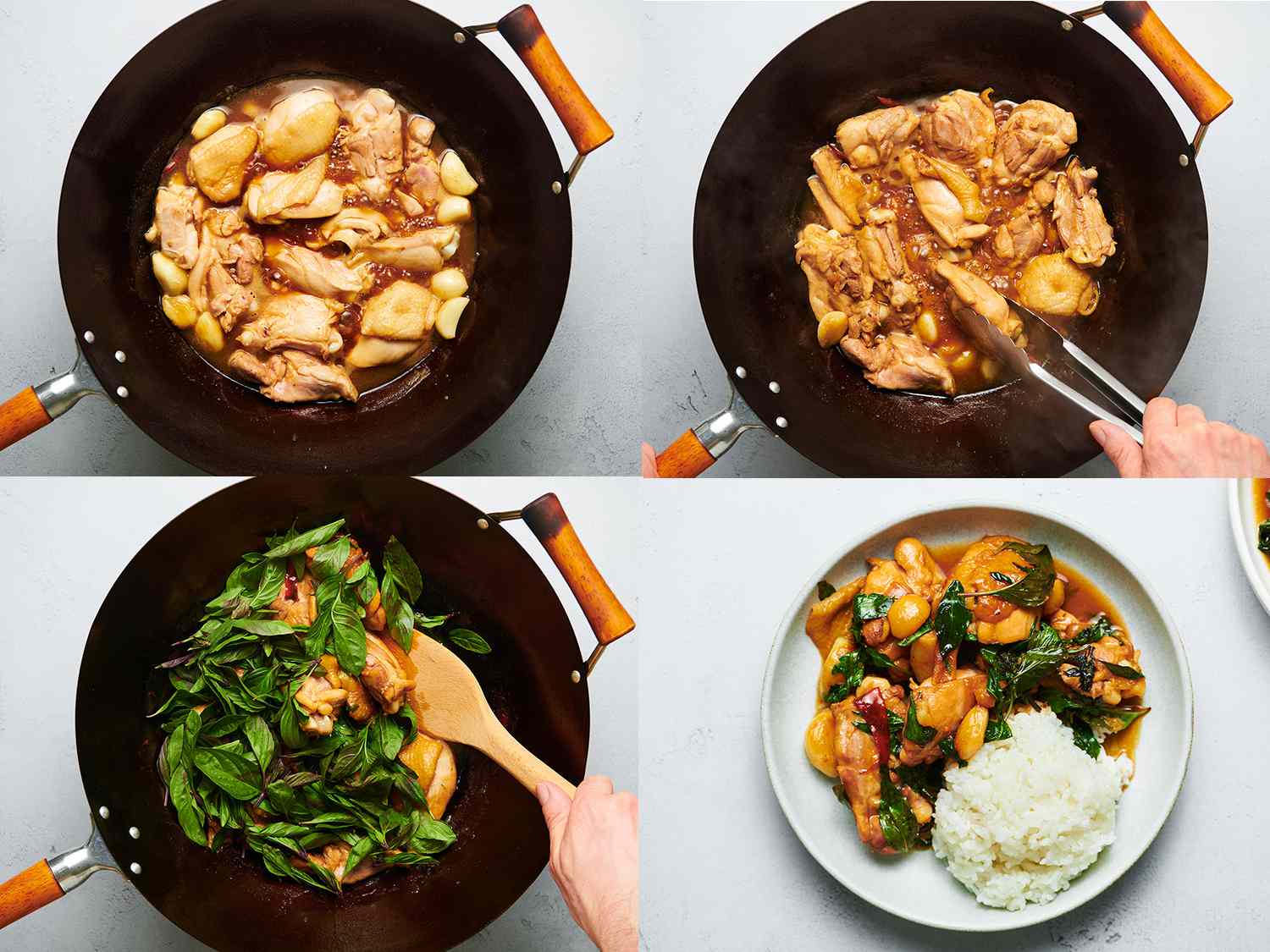 A four-image collage showing the chicken being cooked with the sauce, having the basil added, and then plated.