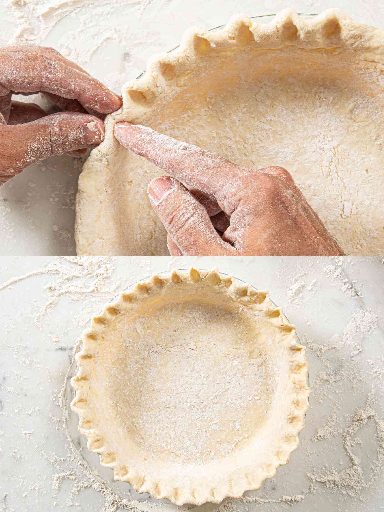 Two image collage of forming pie crust 