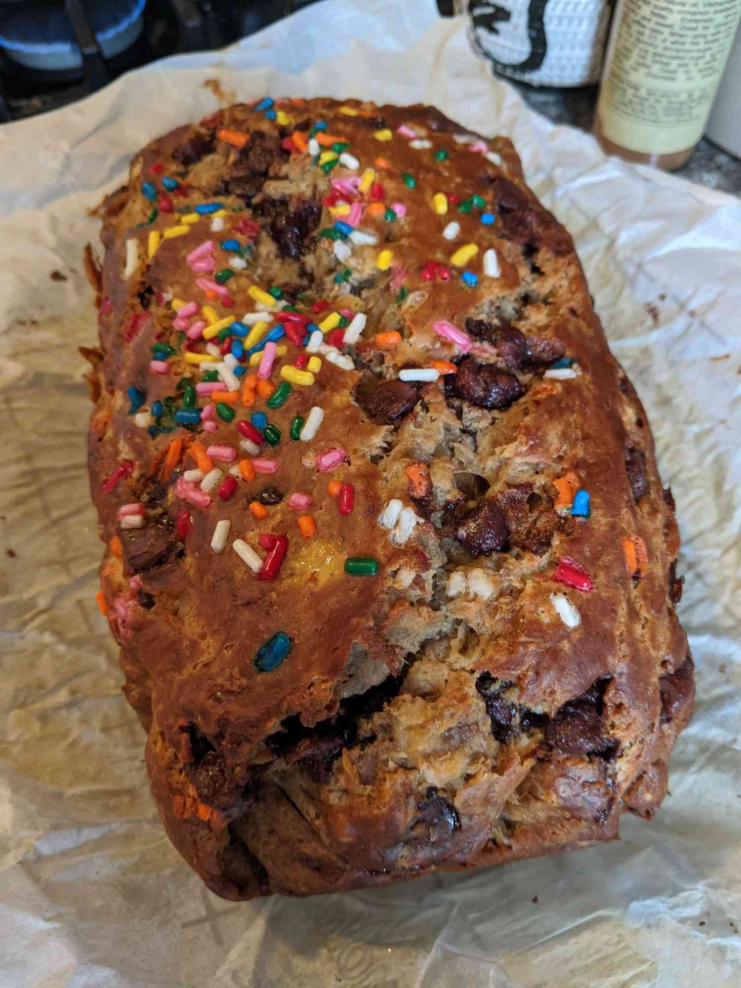 Loaf of banana bread with sprinkles on top