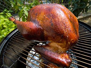 A whole turkey on a grill. 