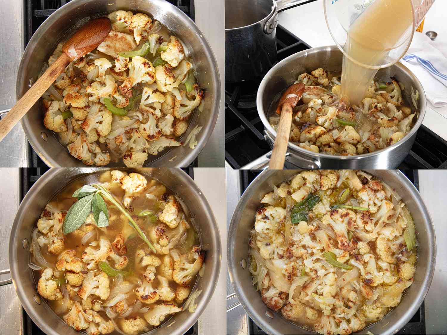 Four Image collage of cauliflower and stock and sage being added to soup pot