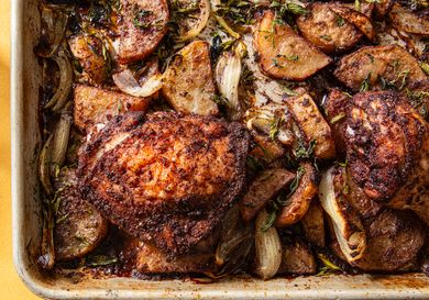 Close crop of a sheet pan chicken