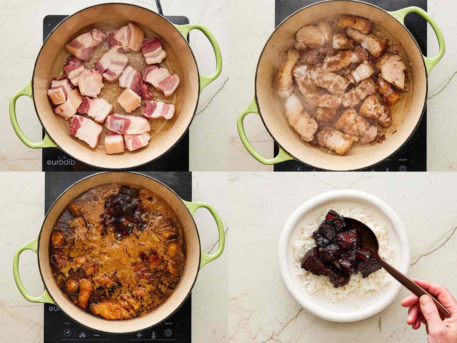 A four-image collage. The top left image shows pork belly being browned in a Dutch oven. The top right image shows browned pork belly with spices sprinkled on top. The bottom left image shows water, wine and soy sauce added to the pork belly mixture. The bottom right image shows a hand spooning cooked pork belly on top of steamed white rice. 