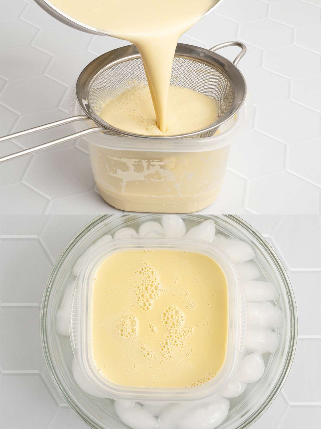 A two image collage. The top image shows the custard being strained into a plastic container. The bottom image shows the container of custard in a glass bowl filled with water and ice.