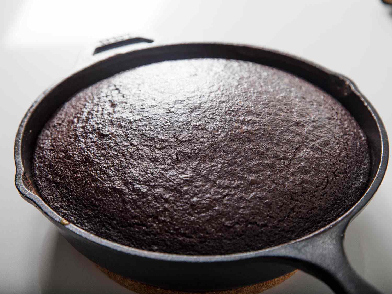 Chocolate skillet cake, fresh from the oven, ready to cool and be frosted.