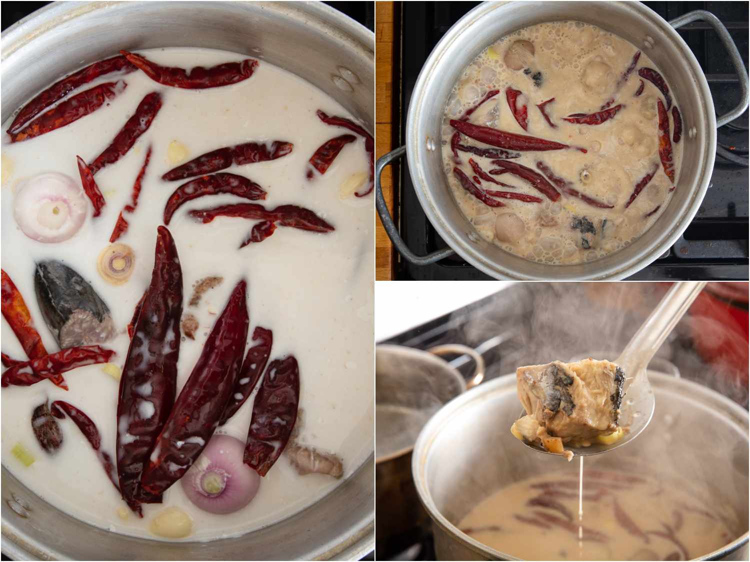Simmering aromatics and fish in coconut milk