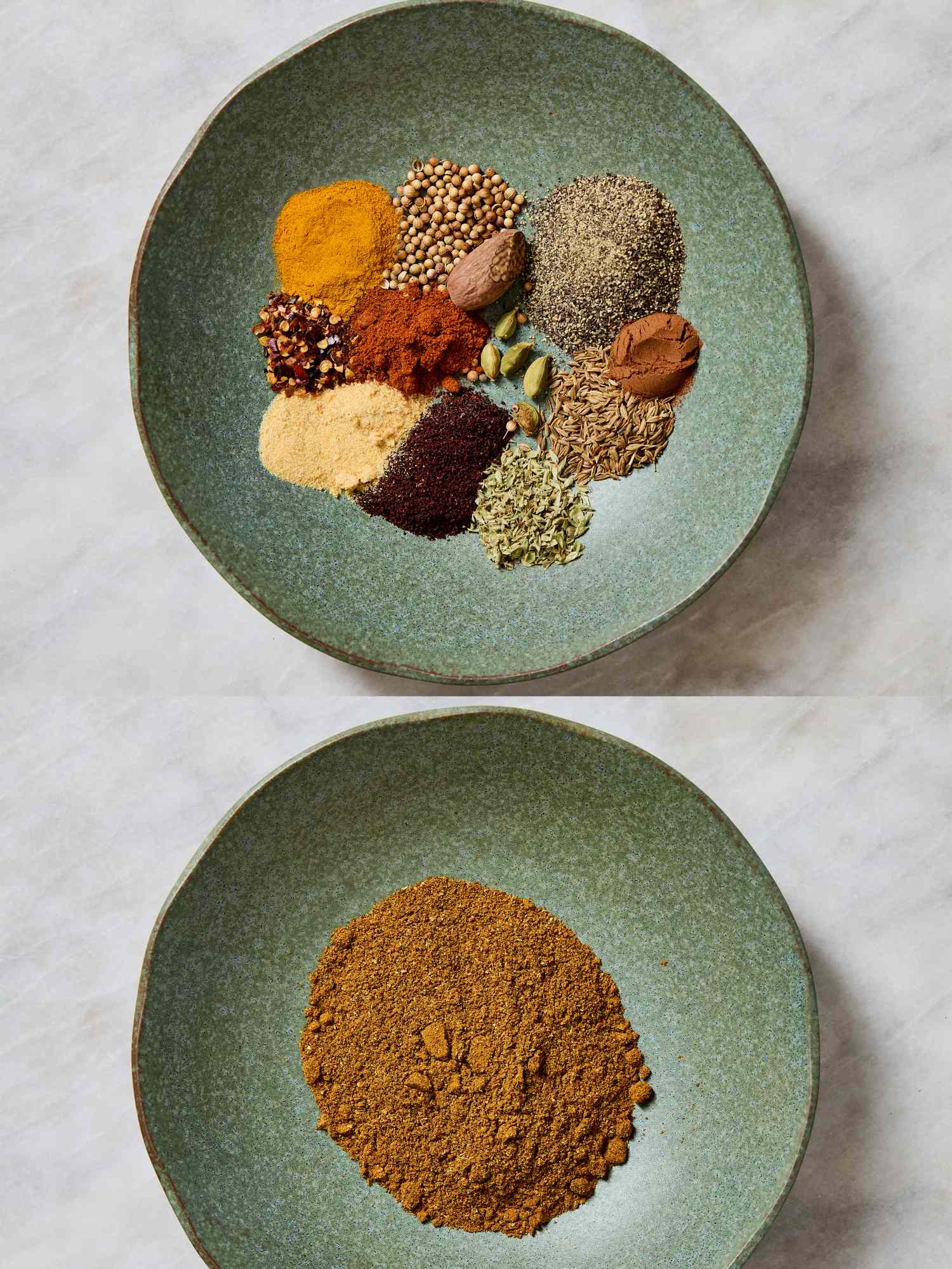 Two plates top shows a variety of spices bottom shows the spices ground into a powder