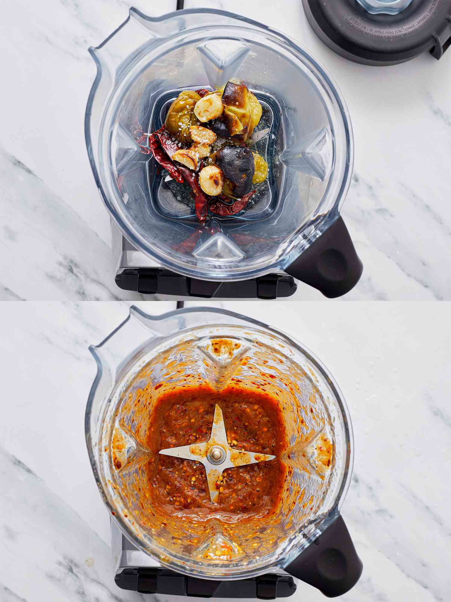 Two image collage of blending salsa together