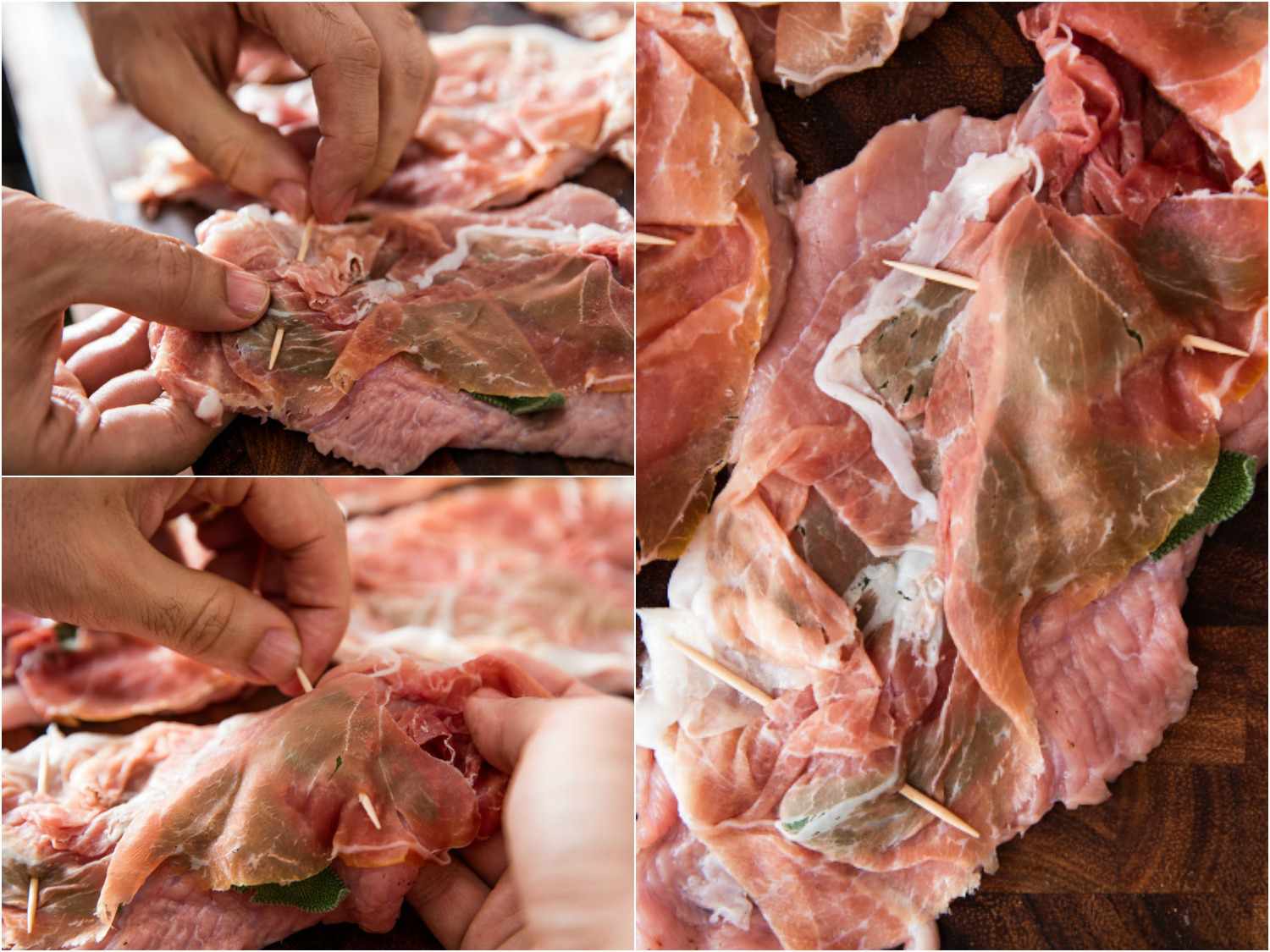 A 3-image collage of securing prosciutto and sage leaves to flattened veal with toothpicks.
