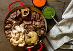 overhead view of bollito misto in Dutch oven