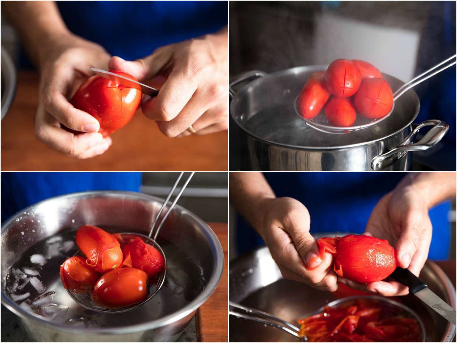 A four-image collage of peeling tomatoes: scoring tomato ends, lowering tomatoes into hot water with a spider, removing blanched tomatoes, peeling off skin.