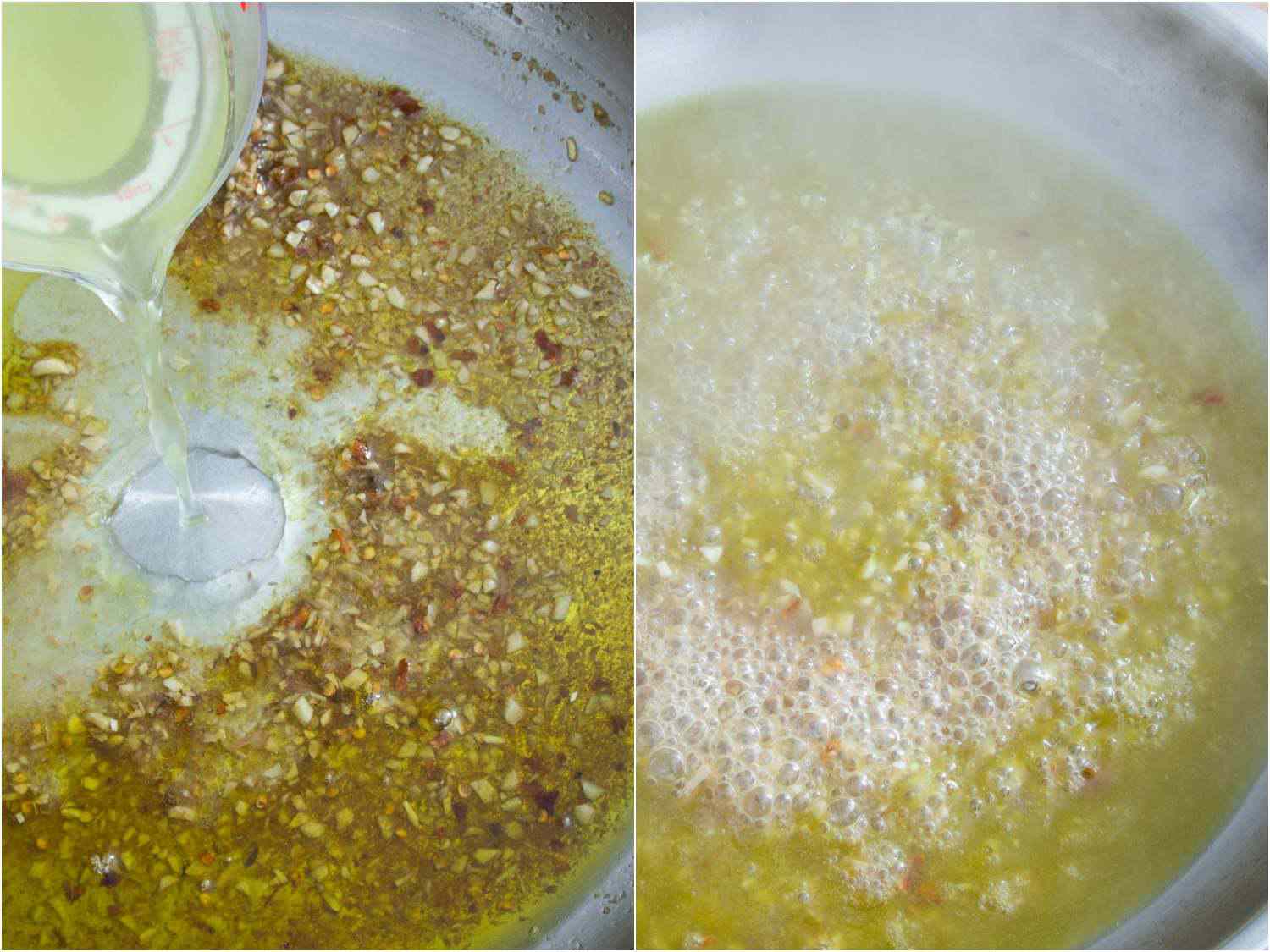 Side by side image shows the pasta water added to the pan containing the pasta sauce and the sauce boiling vigorously in the pan. 