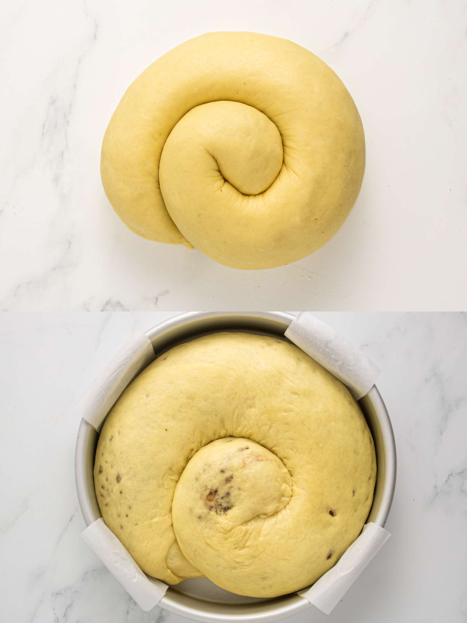 2 image collage. Top: dough coiled together on a white marble surface. Bottom: Risen, proved, coiled dough in a round cake pan. 