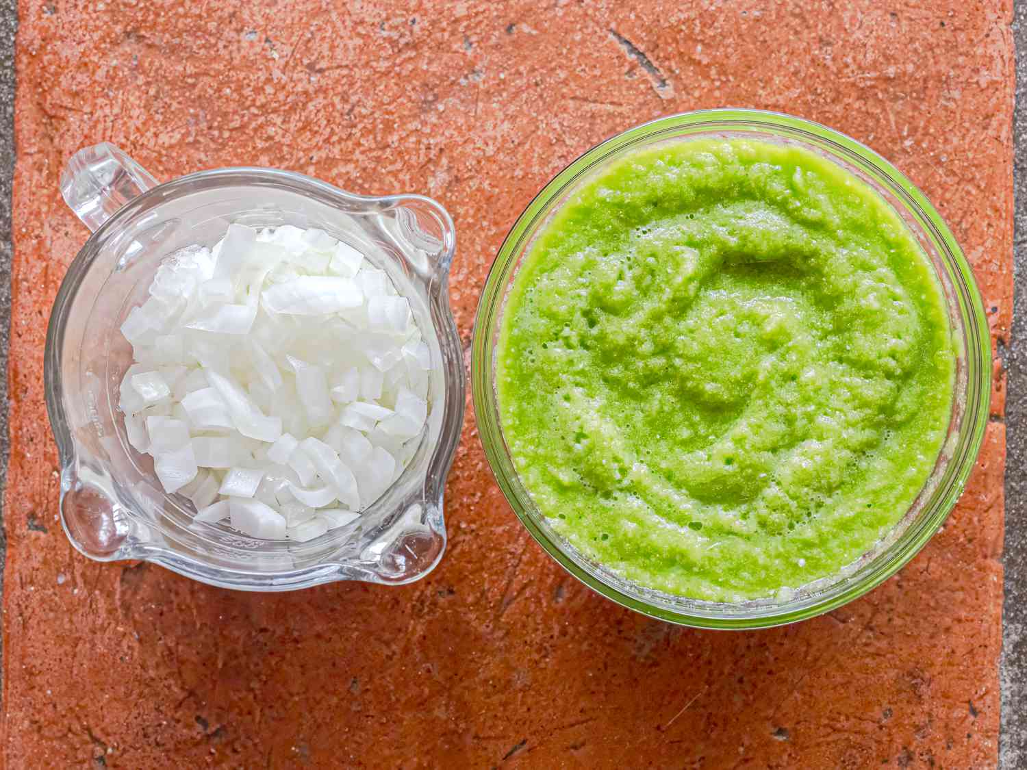 Overhead view of onions and jalepeno sauce