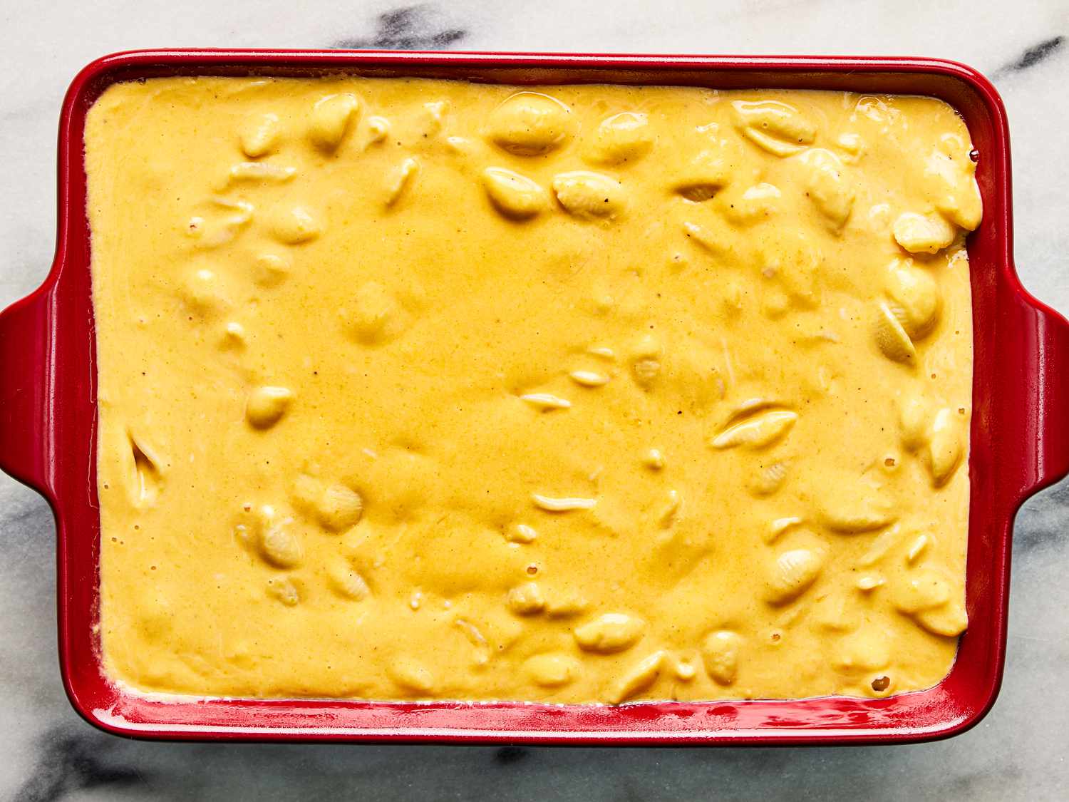 Overhead view of mac and cheese in dish