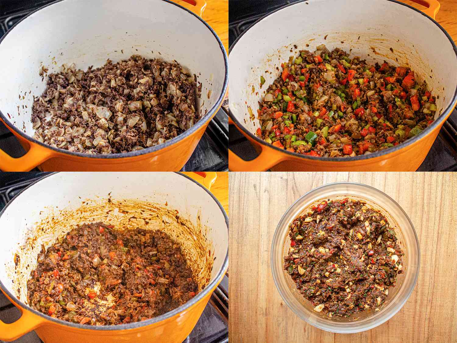 Four image collage. Clockwise from upper left: beef jerky added to dutch oven with onions; tomato purÃ©e, green bell pepper, red bell pepper, white pepper, smoked paprika, thyme, and oregano added to dutch oven; mixture cooked down in dutch oven; empanada filling transferred from dutch oven to glass bowl