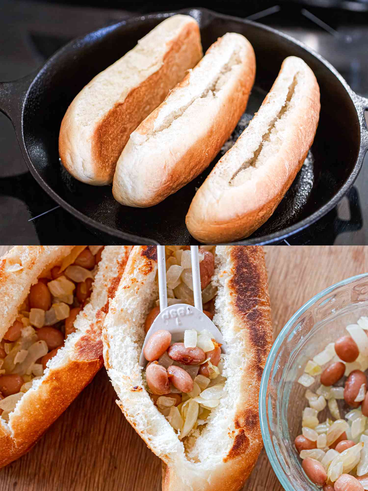Two image collage of toasting buns and filling with beans and onions