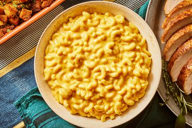 Overhead view of gooeey mac and cheese