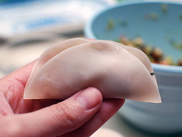 Hand holding a filled dumpling wrapper, folded over into a crescent shape.