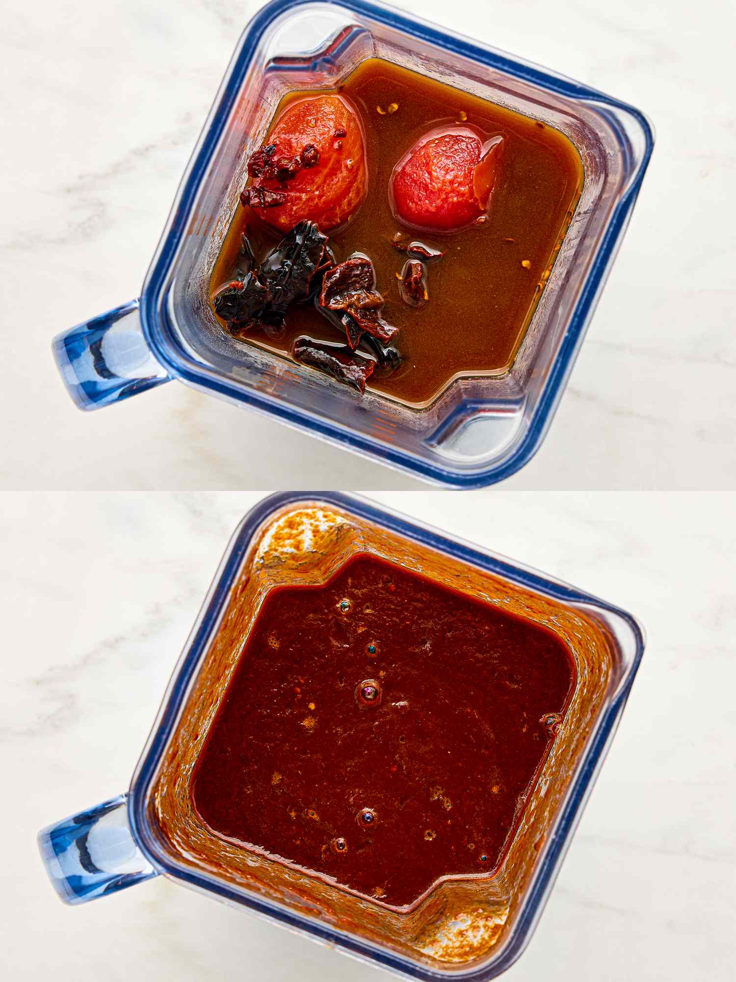 Two blended stages of chili ingredients in a mixer container with tomatoes and seasoning visible at the top view