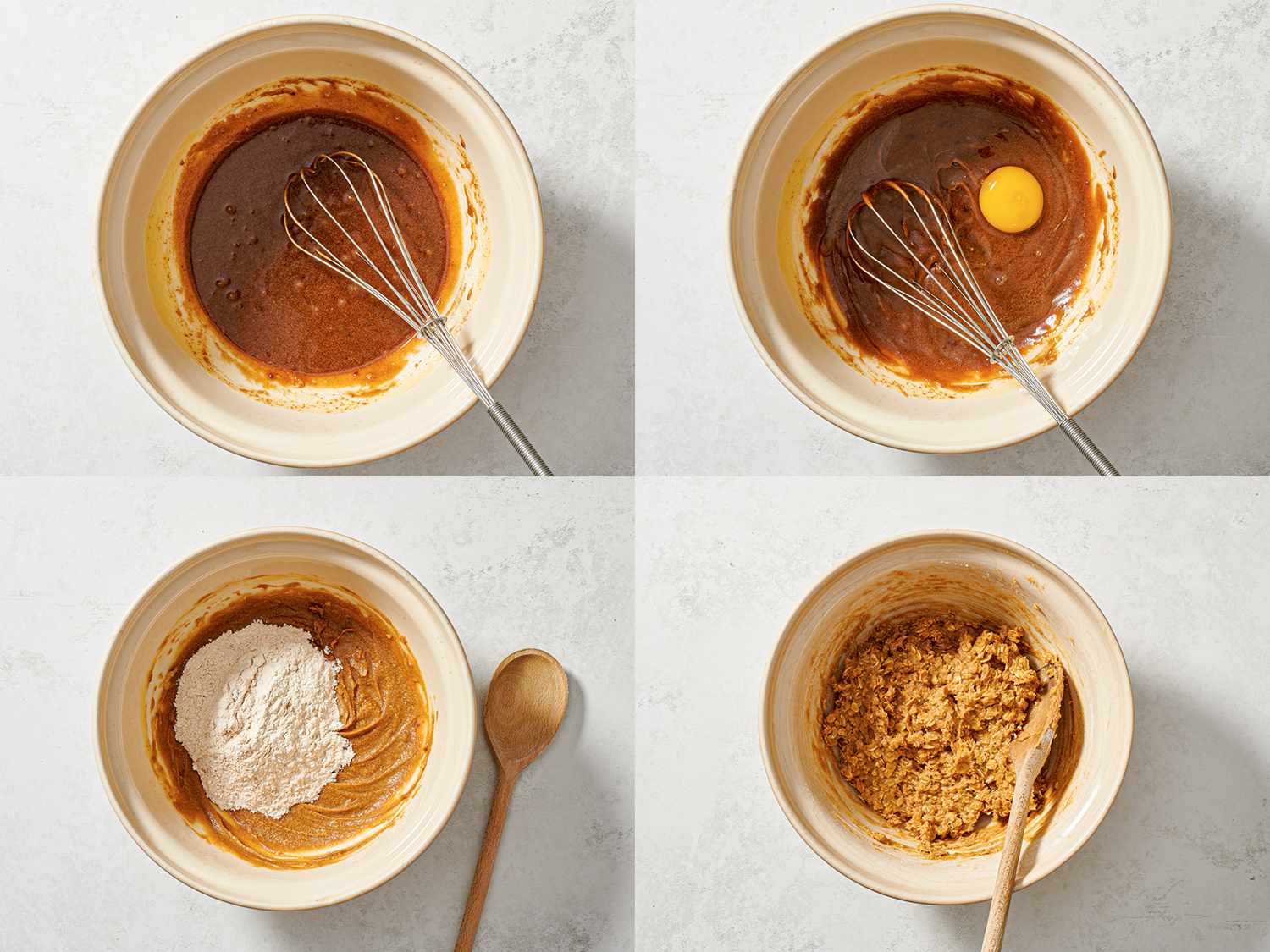A four-image collage. The top left image shows melted butter, brown sugar, maple syrup, and vanilla whisked together in a large bowl. The top right image shows an egg added to the mixture inside of the bowl. The bottom left image shows the dry ingredients now added on top of the fully mixed wet ingredients. The bottom right image shows the dry ingredients, wet ingredients, and oatmeal fully mixed.