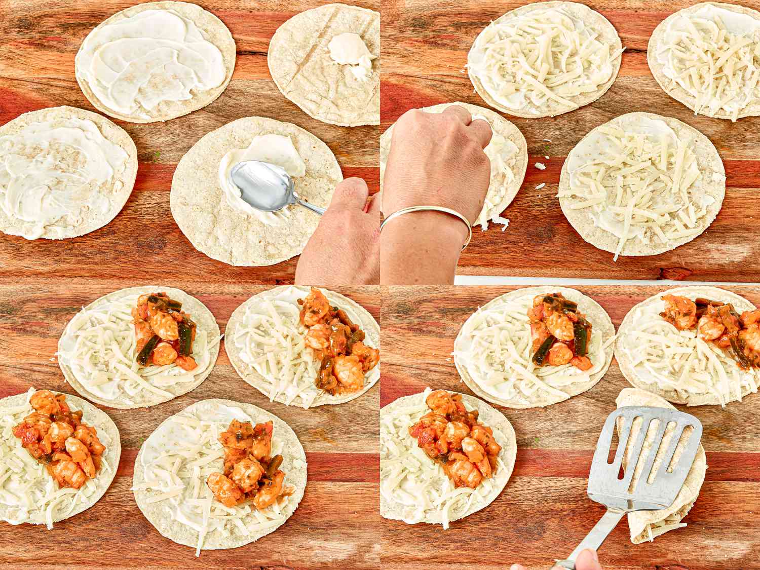 Four image collage of assembling tacos