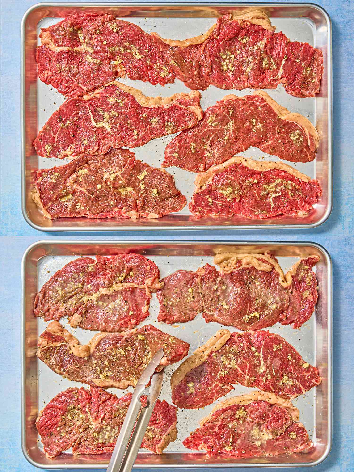 Two image collage. Top: Thin steaks on a baking sheet seasoned with salt pepper and garlic Bottom:rubbing flipped steak with seasoning well 