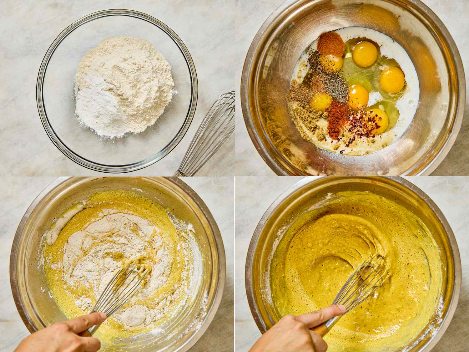 A grid showing stages of mixing ingredients in bowls with a whisk for a recipe