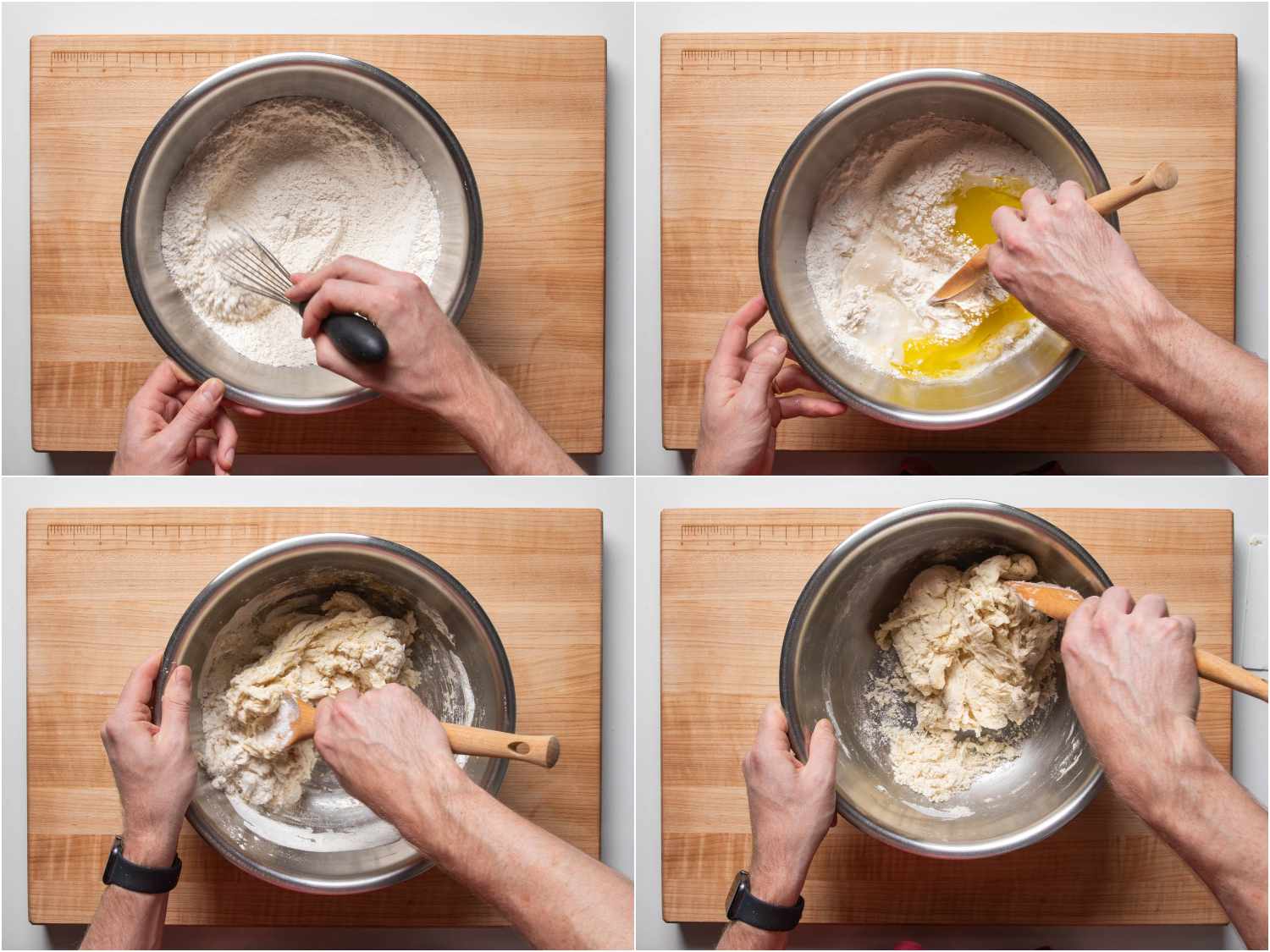 Mixing dough in bowl with a wooden spoon
