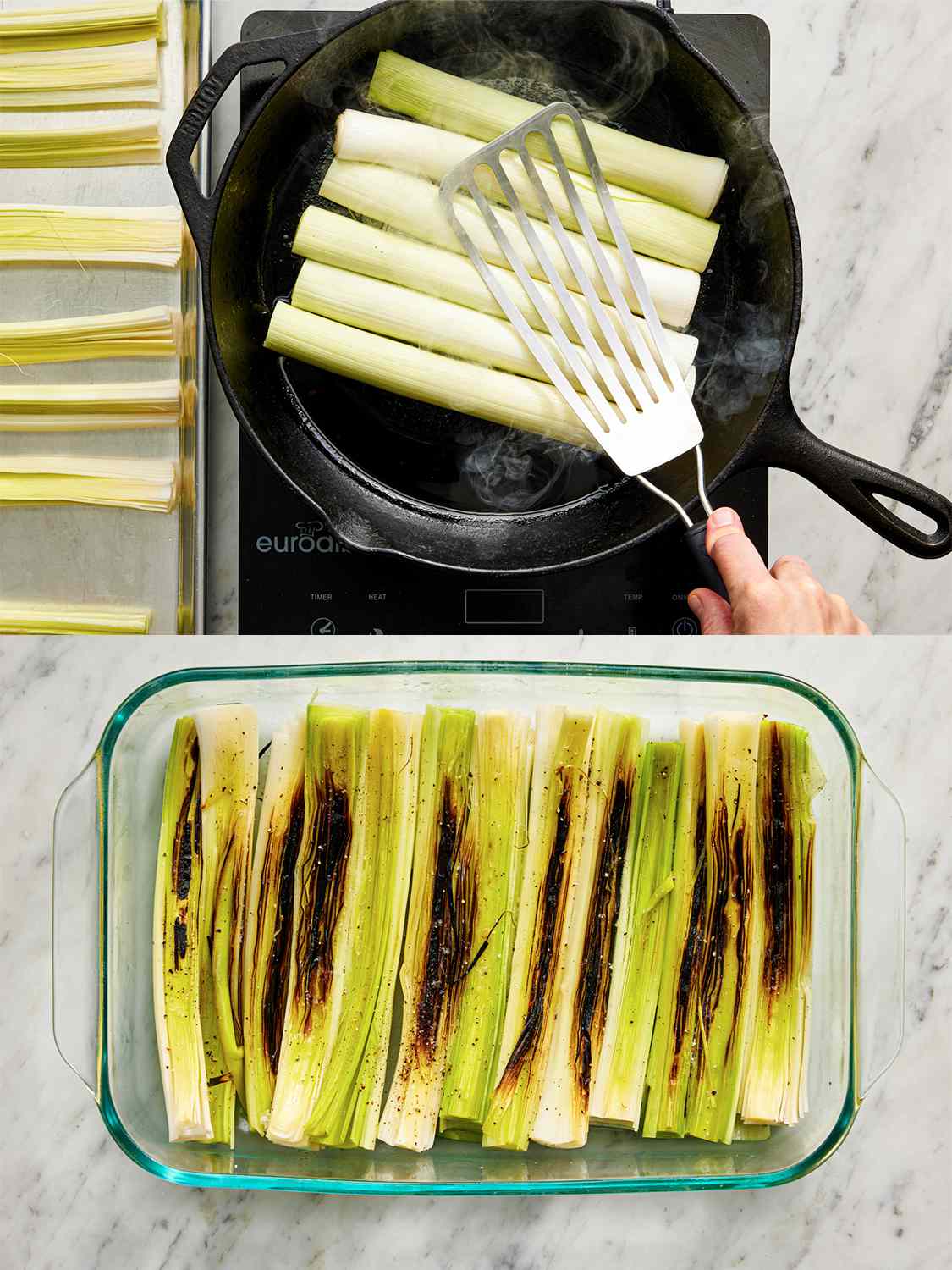 Two Image collage of leeks being pressed with a metal spatula into a hot cast iron skillet and then browned leeks being transferred to a pan. 