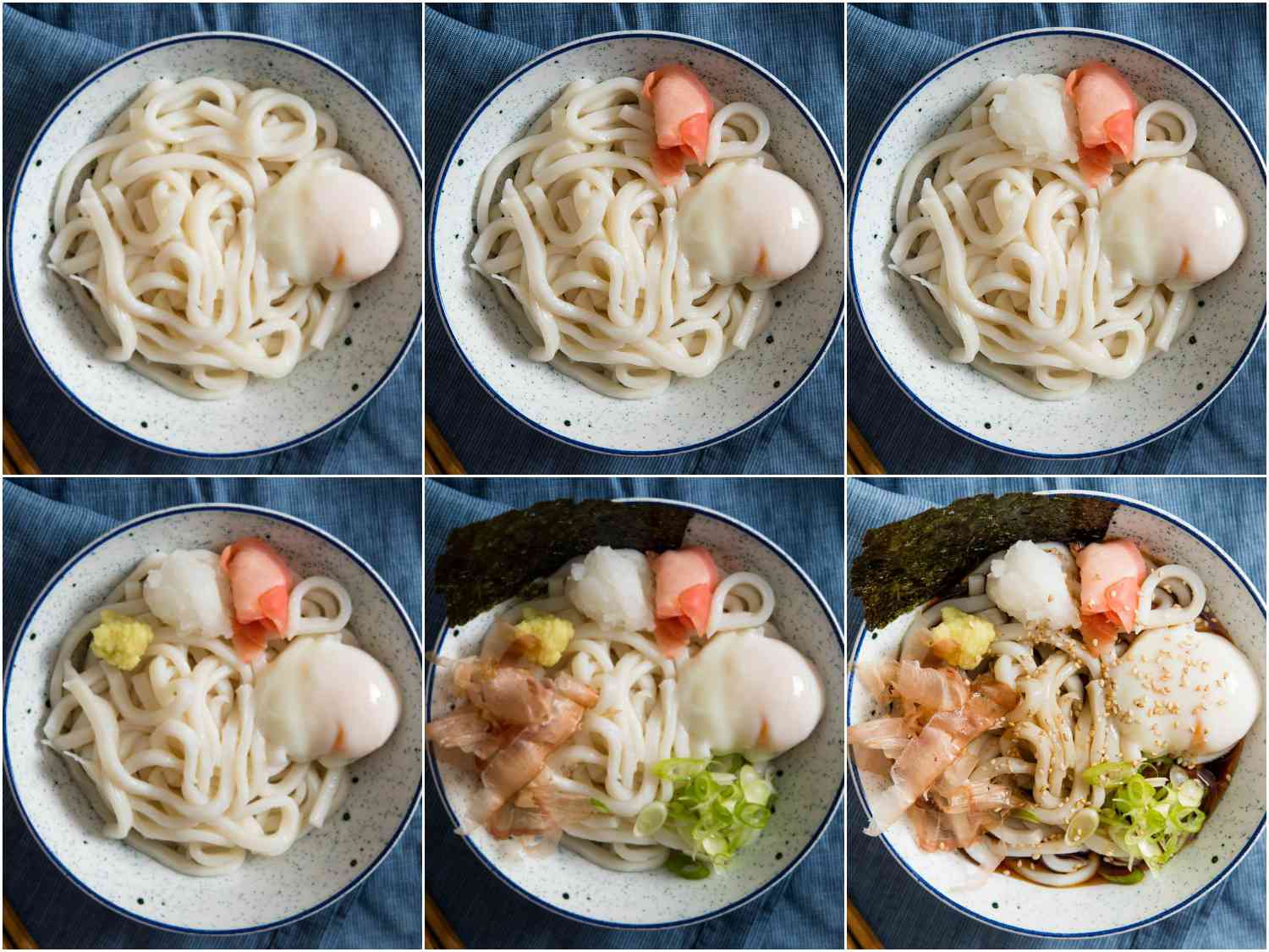 A six-panel sequence showing toppings being added one by one to a bowl of bukkake udon in the following sequence: onsen egg; pickled ginger; grated daikon; grated fresh ginger; bonito flakes, nori, and scallions; and, finally, the chilled kaeshi broth and sesame seeds.