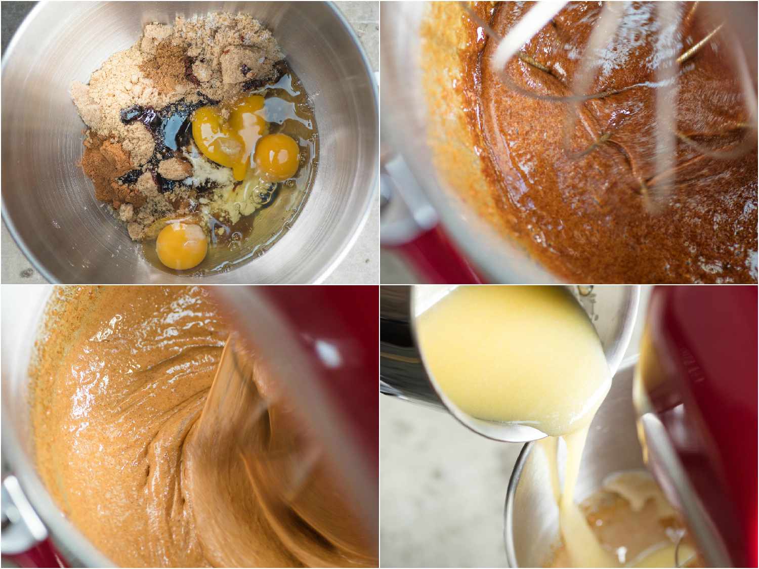 A collage of the eggs, brown sugar, molasses, etc. being whisked together until foamy. The last image shows melted butter being drizzled into the mixture (called for in the next step).