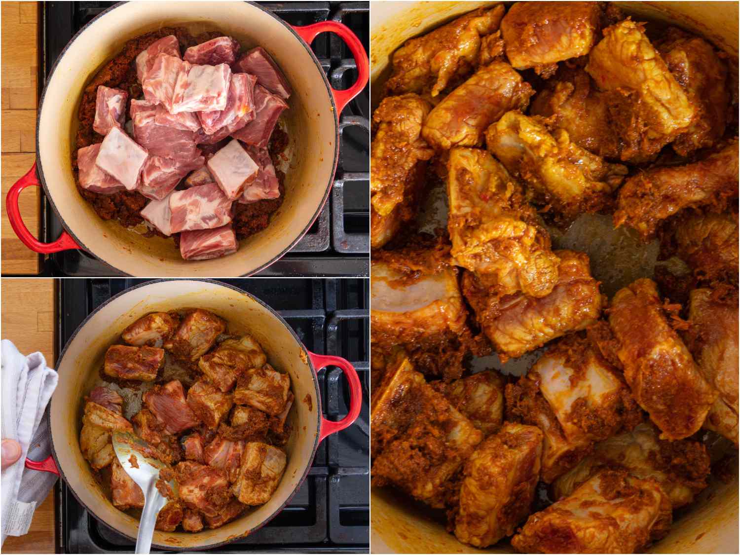 collage: pork ribs added and tossed to coat in curry paste