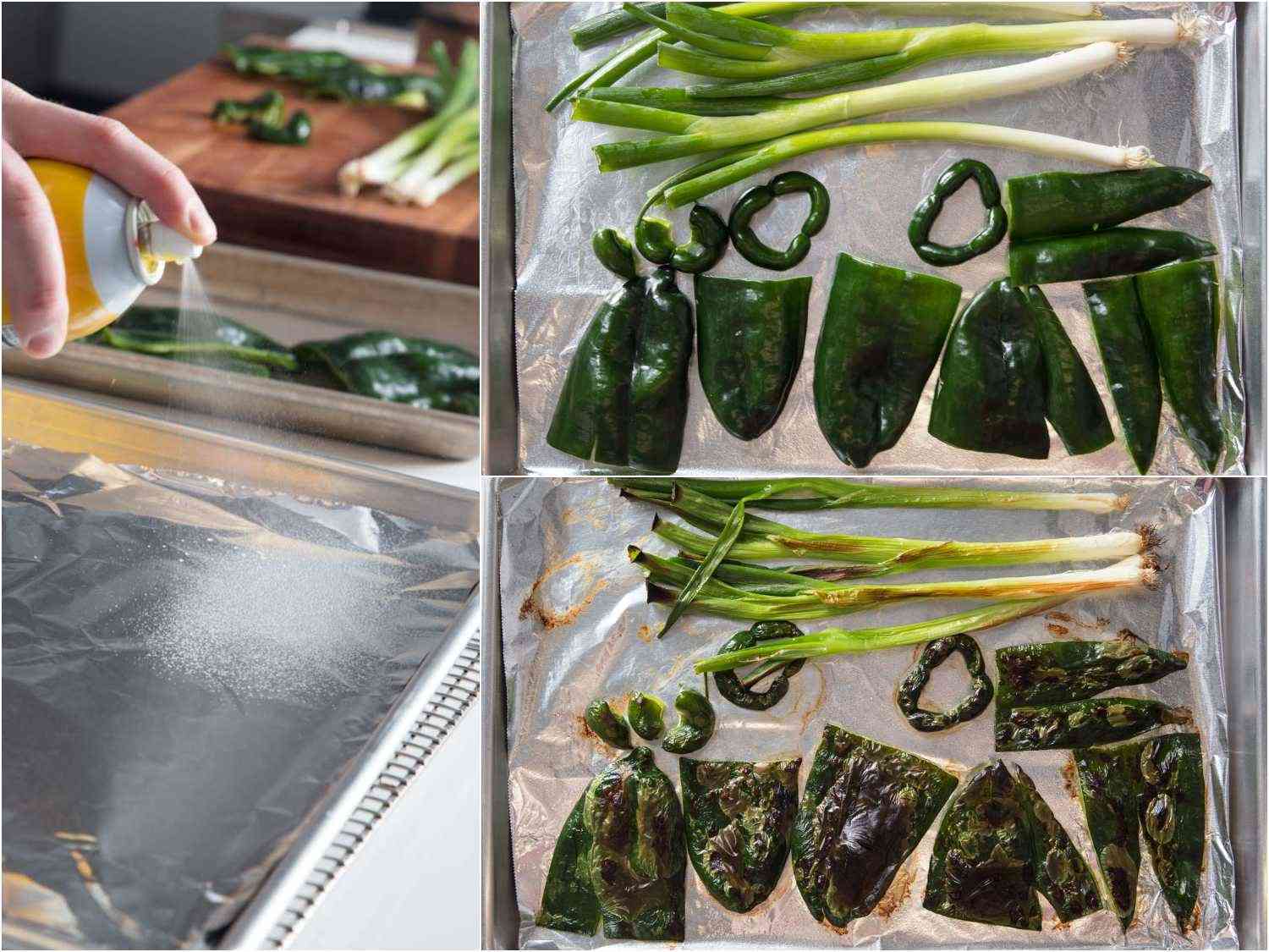 A three-image collage: The left image shows sparying a foil-lined baking sheet. The top right image shows poblano peppers and scallions on the baking sheet before roasting and the bottom right image shows them looking charred after roasting.