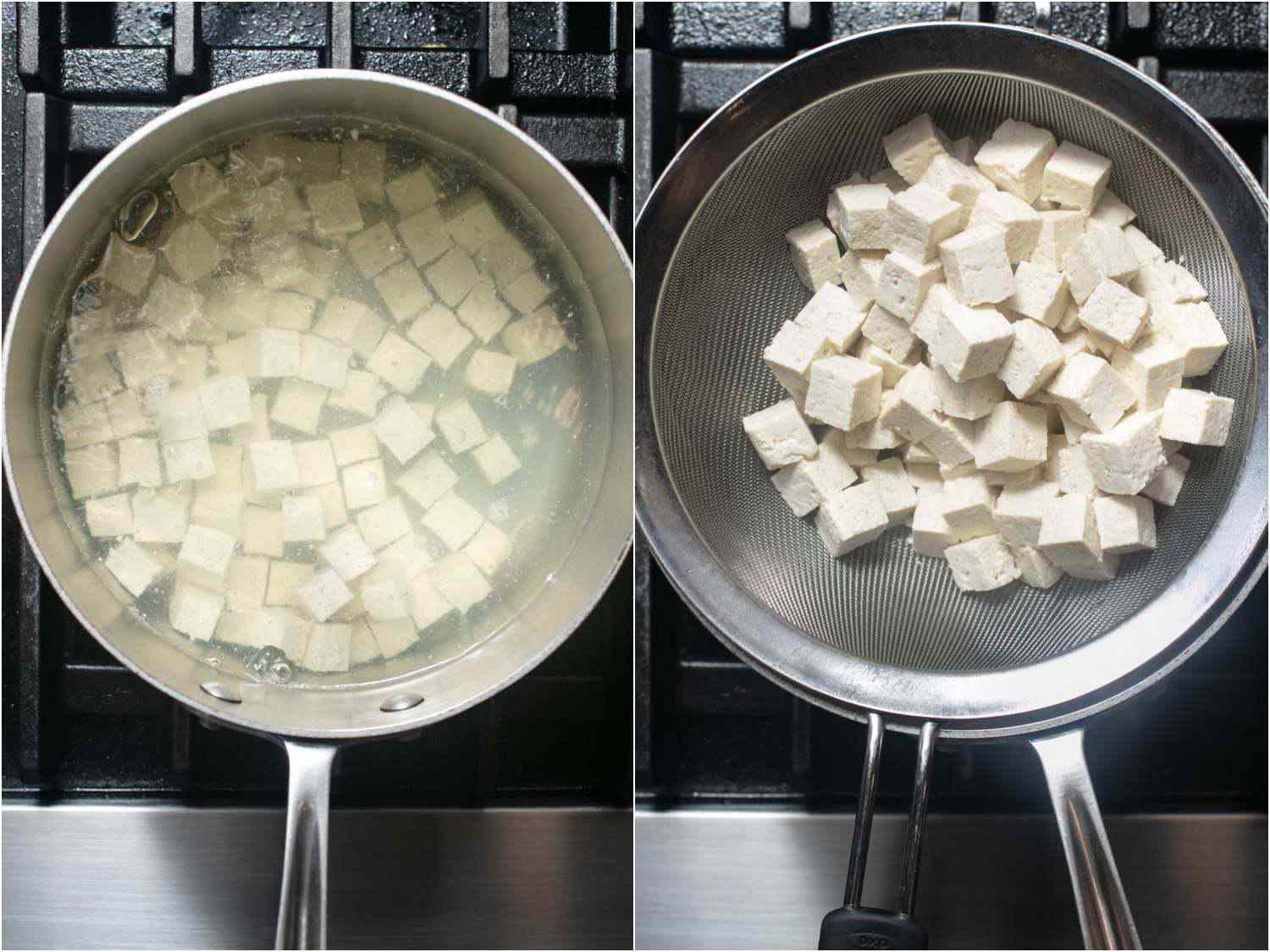 Collage of tofu cubes cooking in water and being drained for mapo tofu.